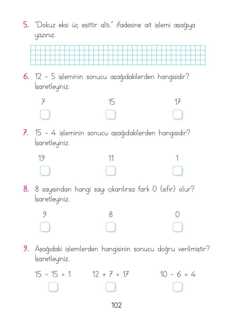 1. Sınıf Matematik Ders Kitabı Cevapları Açılım Yayınları Sayfa 102