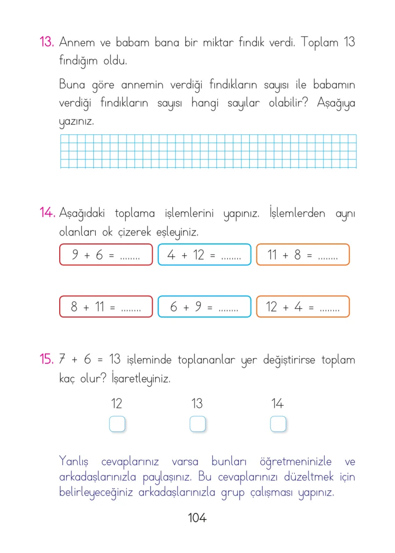 1. Sınıf Matematik Ders Kitabı Cevapları Açılım Yayınları Sayfa 104