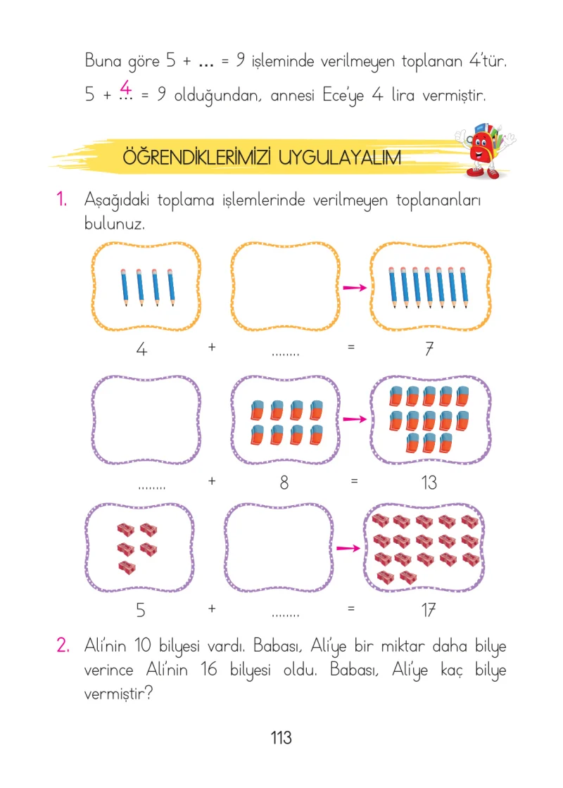 1. Sınıf Matematik Ders Kitabı Cevapları Açılım Yayınları Sayfa 113