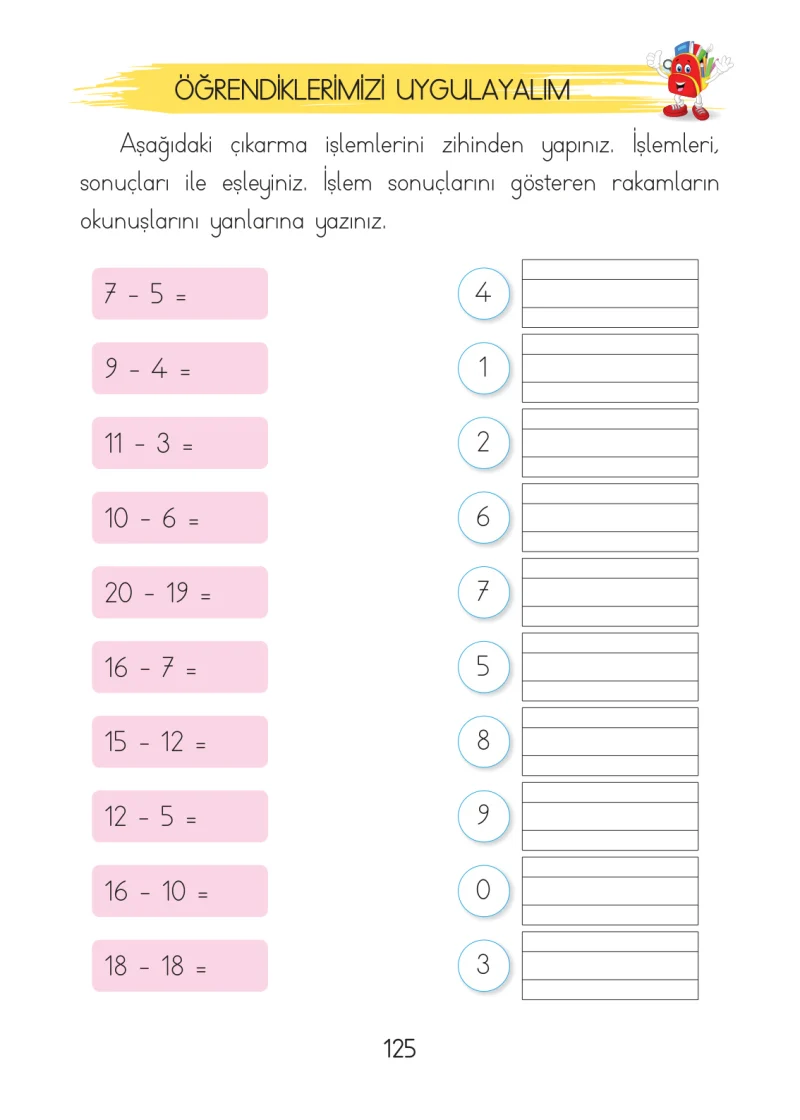 1. Sınıf Matematik Ders Kitabı Cevapları Açılım Yayınları Sayfa 125
