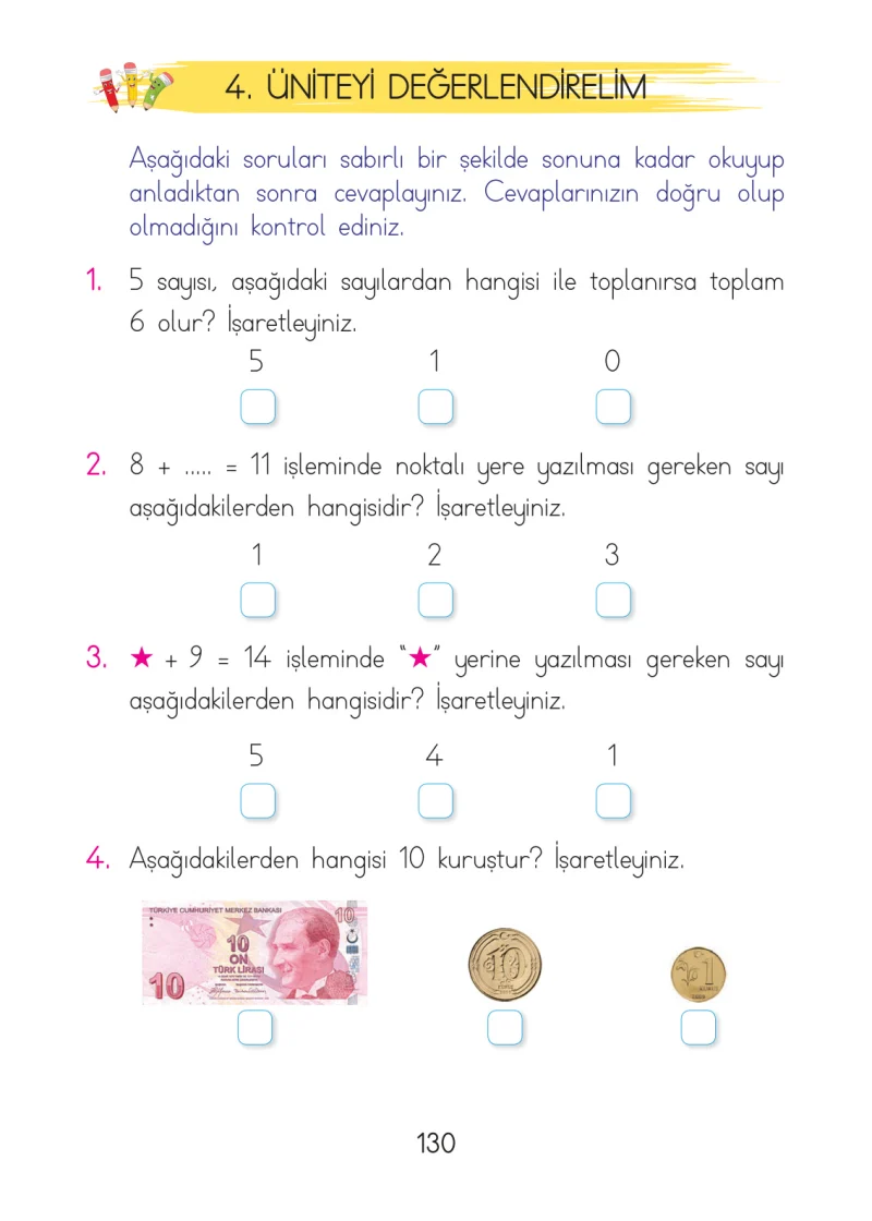 1. Sınıf Matematik Ders Kitabı Cevapları Açılım Yayınları Sayfa 130