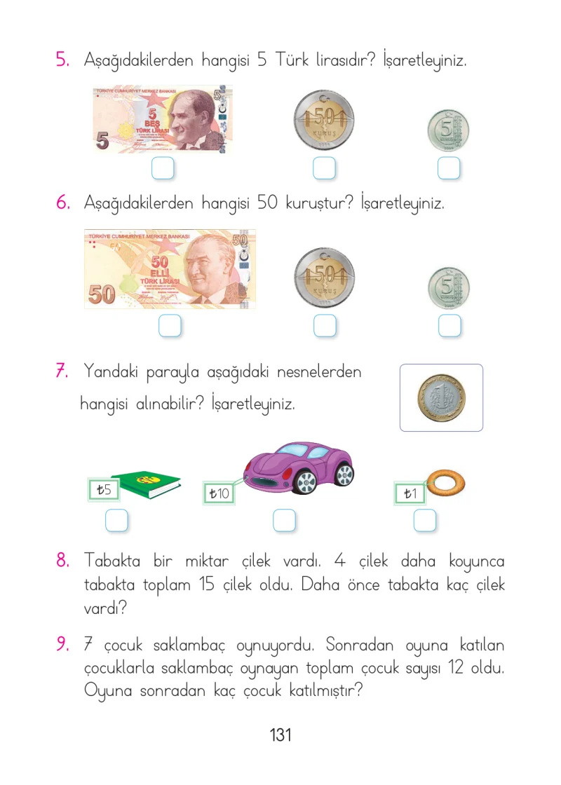 1. Sınıf Matematik Ders Kitabı Cevapları Açılım Yayınları Sayfa 131