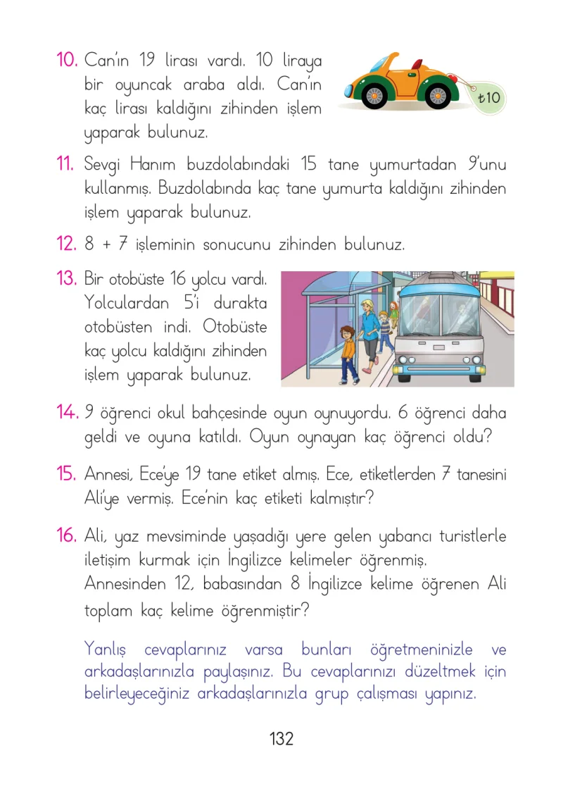 1. Sınıf Matematik Ders Kitabı Cevapları Açılım Yayınları Sayfa 132