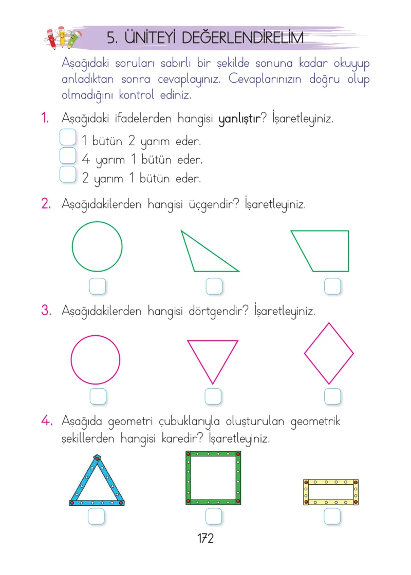 1. Sınıf Matematik Ders Kitabı Cevapları Açılım Yayınları Sayfa 172