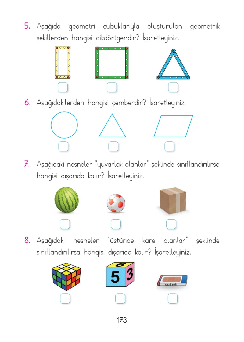 1. Sınıf Matematik Ders Kitabı Cevapları Açılım Yayınları Sayfa 173