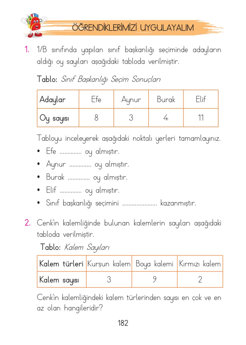 1. Sınıf Matematik Ders Kitabı Cevapları Açılım Yayınları Sayfa 182