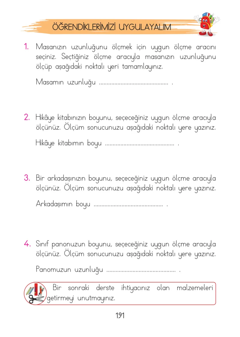 1. Sınıf Matematik Ders Kitabı Cevapları Açılım Yayınları Sayfa 191