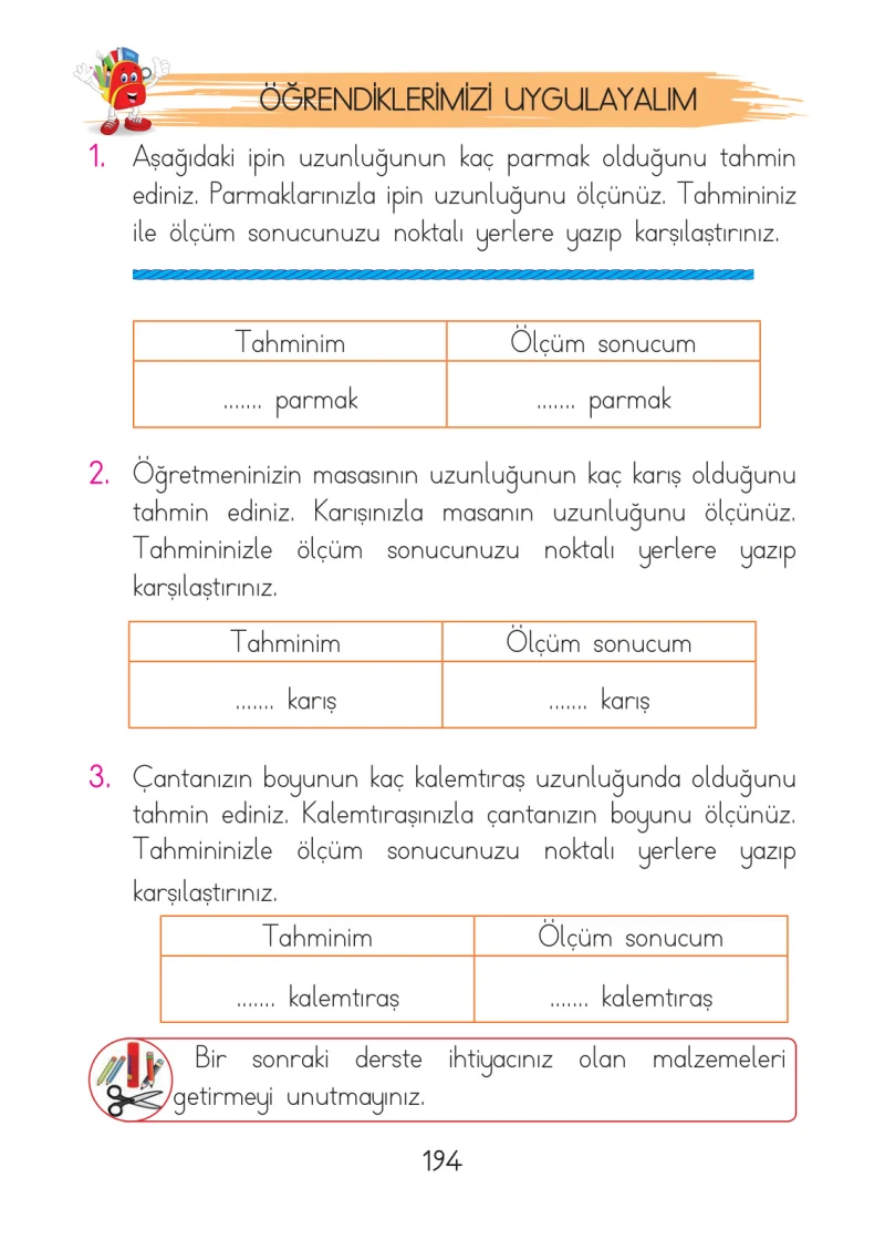 1. Sınıf Matematik Ders Kitabı Cevapları Açılım Yayınları Sayfa 194