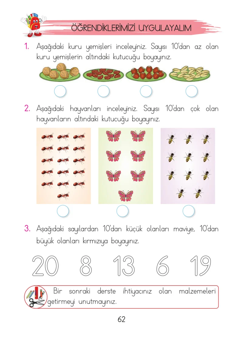 1. Sınıf Matematik Ders Kitabı Cevapları Açılım Yayınları Sayfa 62