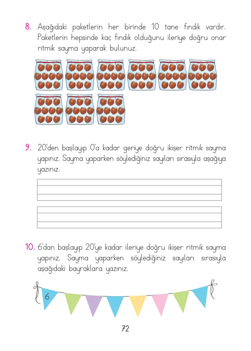 1. Sınıf Matematik Ders Kitabı Cevapları Açılım Yayınları Sayfa 72