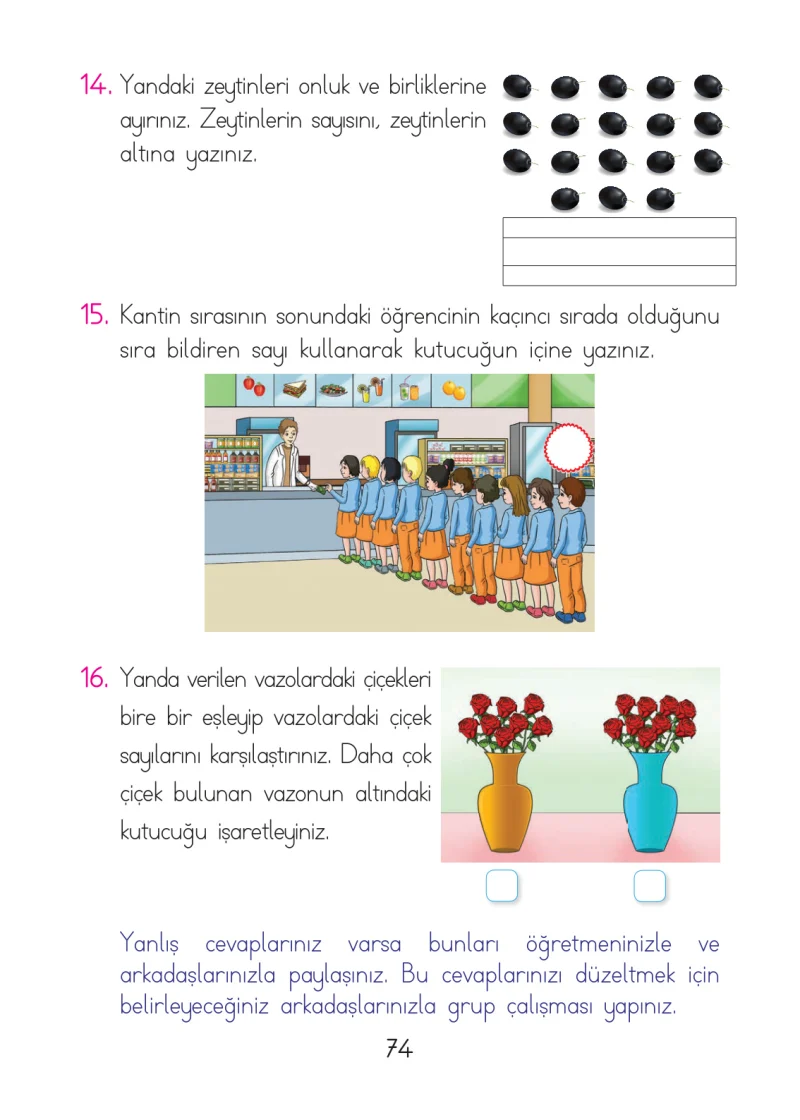1. Sınıf Matematik Ders Kitabı Cevapları Açılım Yayınları Sayfa 74