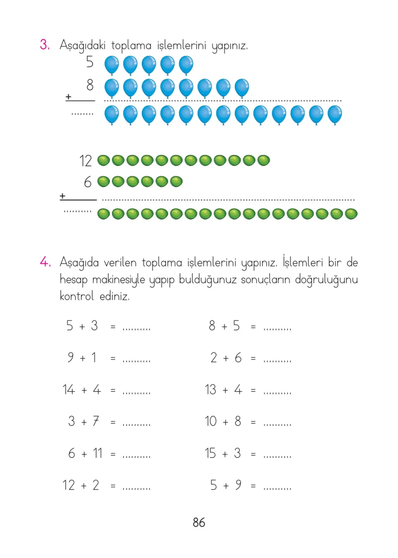 1. Sınıf Matematik Ders Kitabı Cevapları Açılım Yayınları Sayfa 86