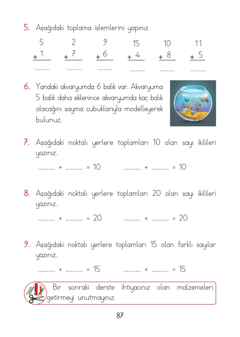 1. Sınıf Matematik Ders Kitabı Cevapları Açılım Yayınları Sayfa 87