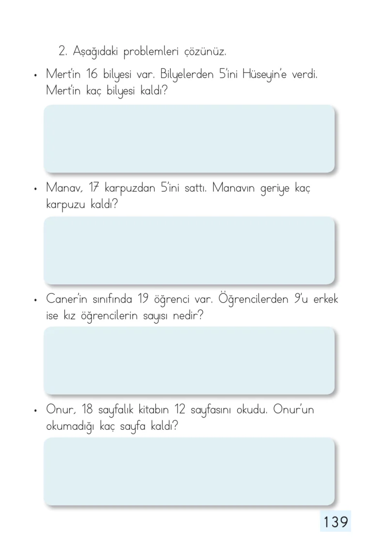 1. Sınıf Matematik Ders Kitabı Cevapları Dizin Yayıncılık Sayfa 139
