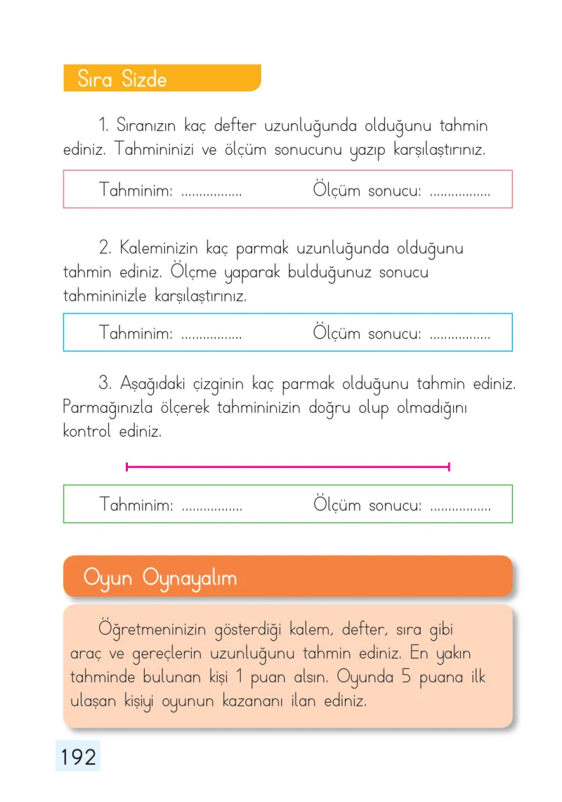 1. Sınıf Matematik Ders Kitabı Cevapları Dizin Yayıncılık Sayfa 192