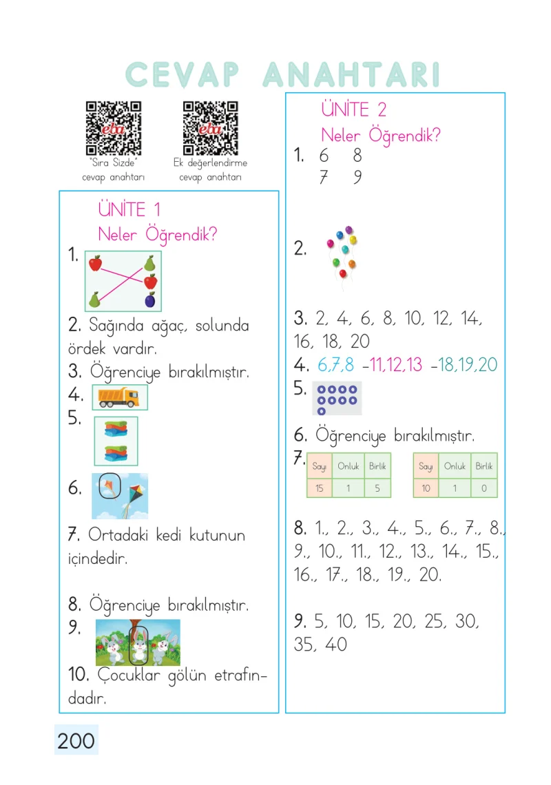 1. Sınıf Matematik Ders Kitabı Cevapları Dizin Yayıncılık Sayfa 200