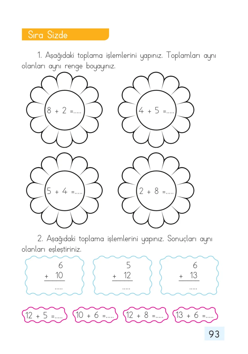 1. Sınıf Matematik Ders Kitabı Cevapları Dizin Yayıncılık Sayfa 93