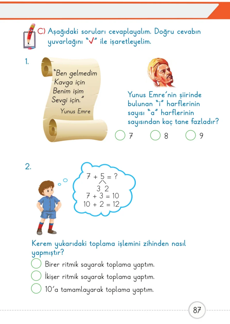 1. Sınıf Matematik Ders Kitabı Cevapları Meb Yayınları 2. Kitap Sayfa 87