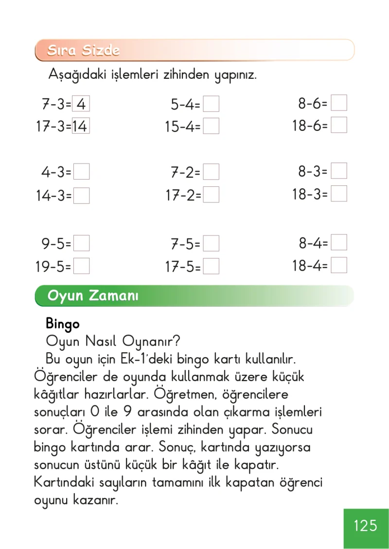 1. Sınıf Matematik Ders Kitabı Cevapları Meb Yayınları Sayfa 125