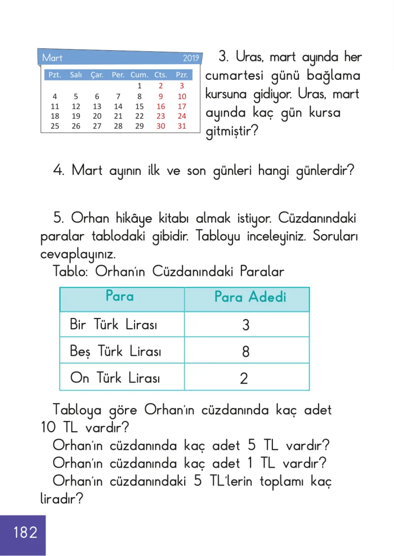 1. Sınıf Matematik Ders Kitabı Cevapları Meb Yayınları Sayfa 182