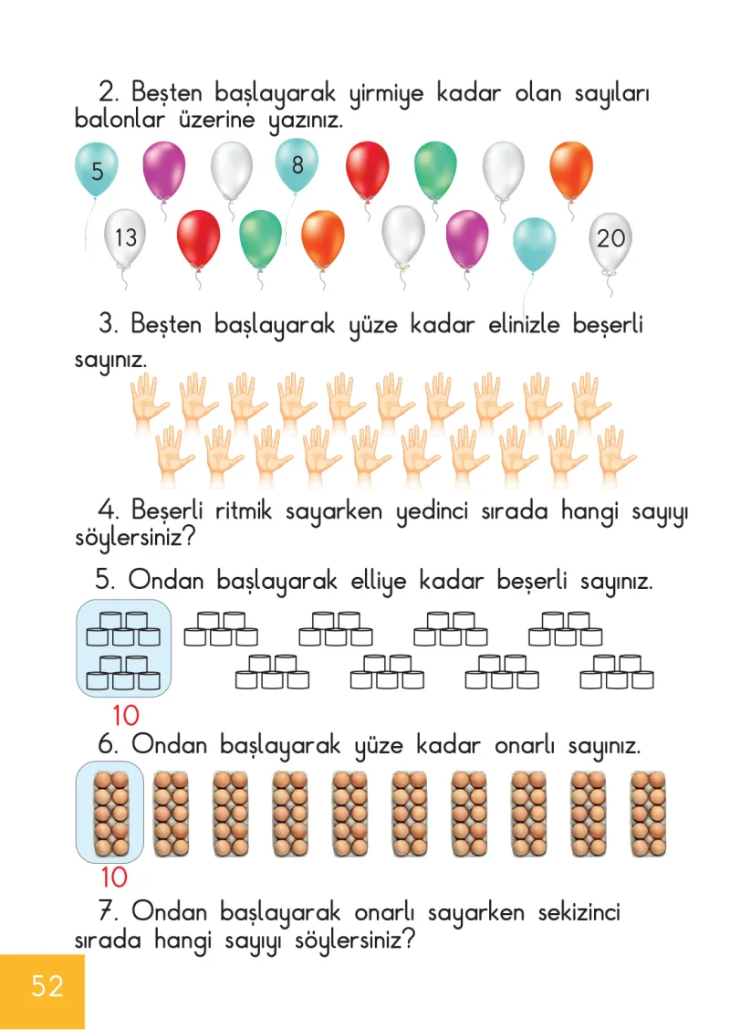 1. Sınıf Matematik Ders Kitabı Cevapları Meb Yayınları Sayfa 52