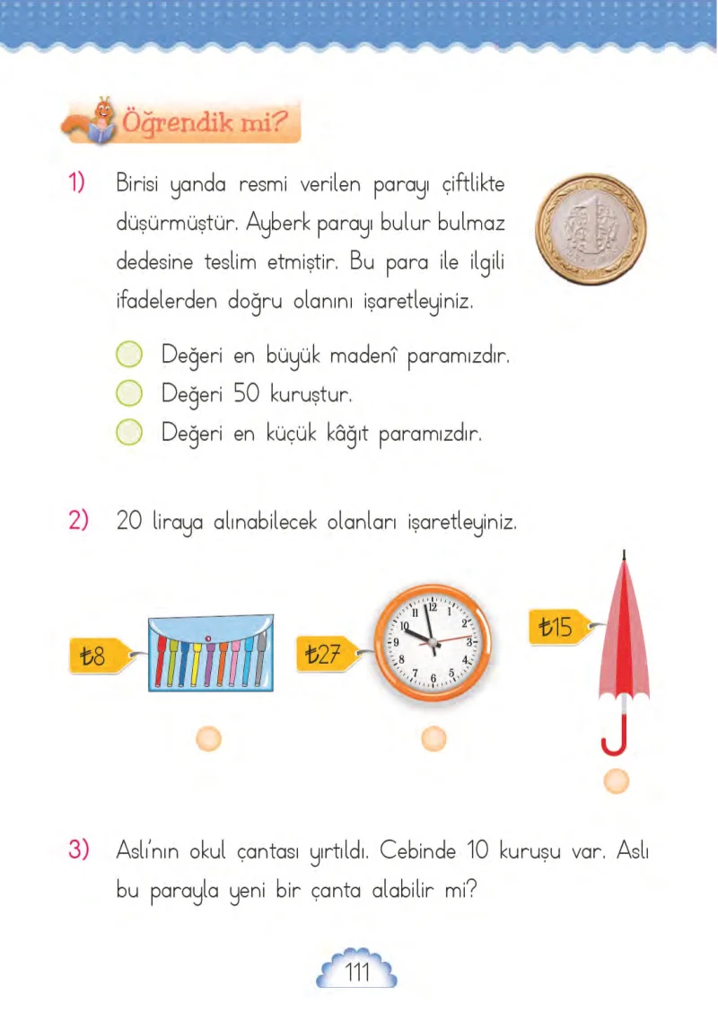 1. Sınıf Matematik Ders Kitabı Cevapları MHG Yayınları Sayfa 111
