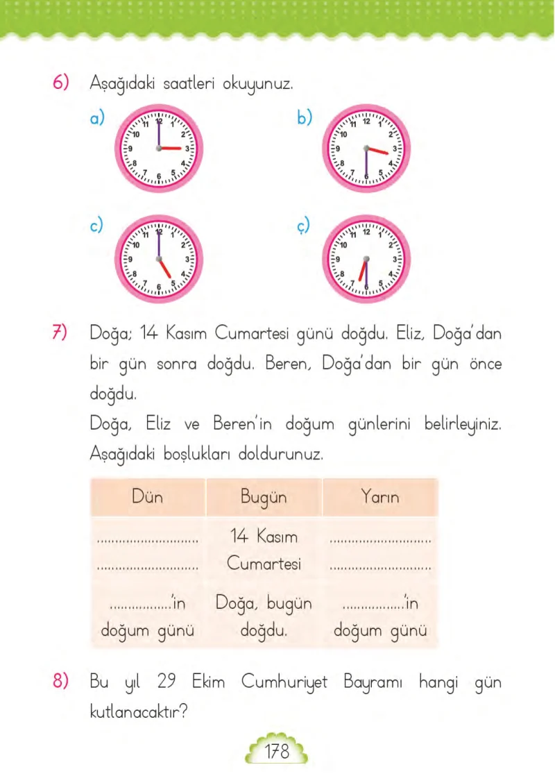 1. Sınıf Matematik Ders Kitabı Cevapları MHG Yayınları Sayfa 178