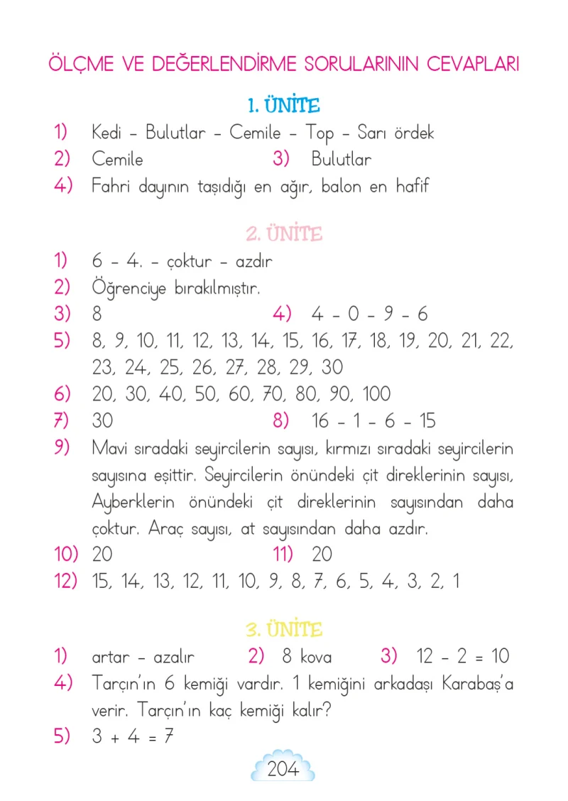 1. Sınıf Matematik Ders Kitabı Cevapları MHG Yayınları Sayfa 204