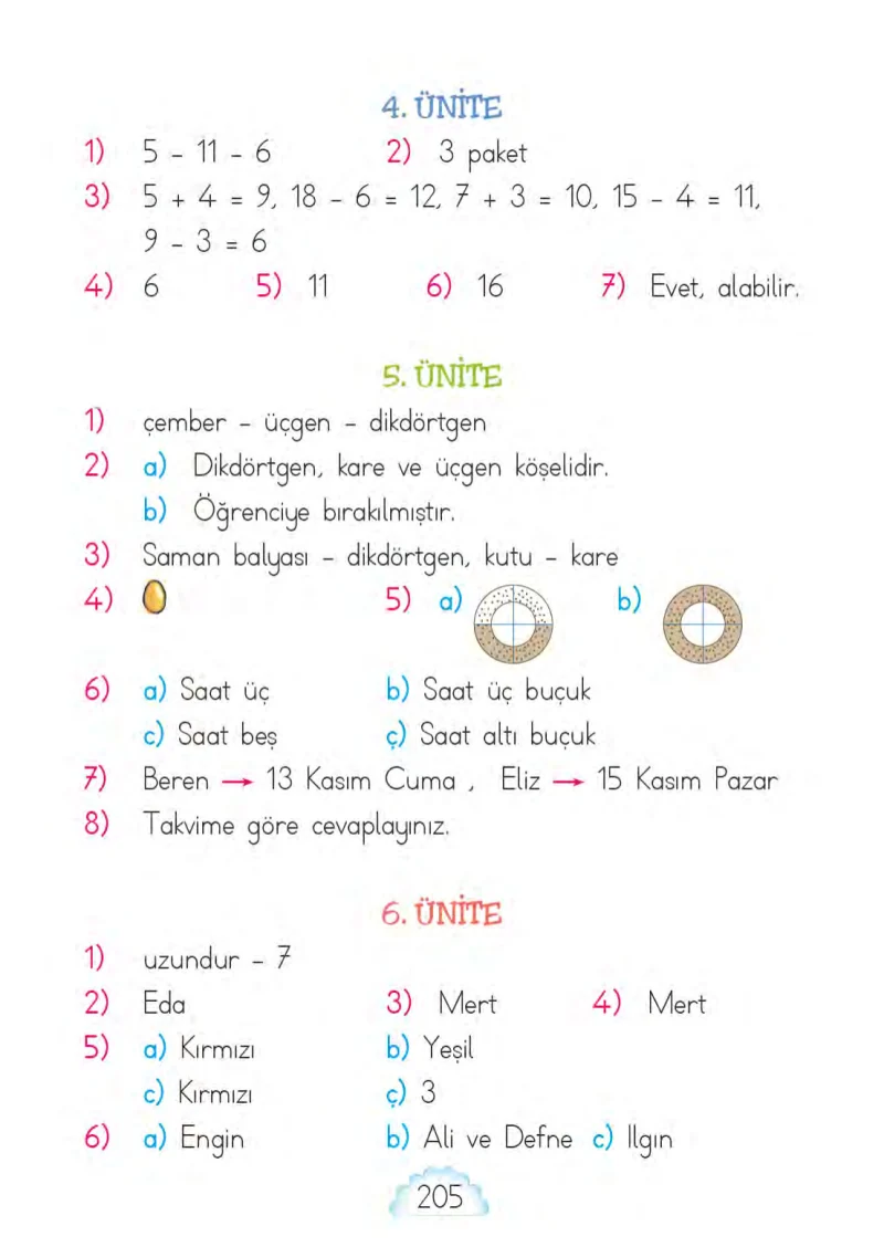 1. Sınıf Matematik Ders Kitabı Cevapları MHG Yayınları Sayfa 205