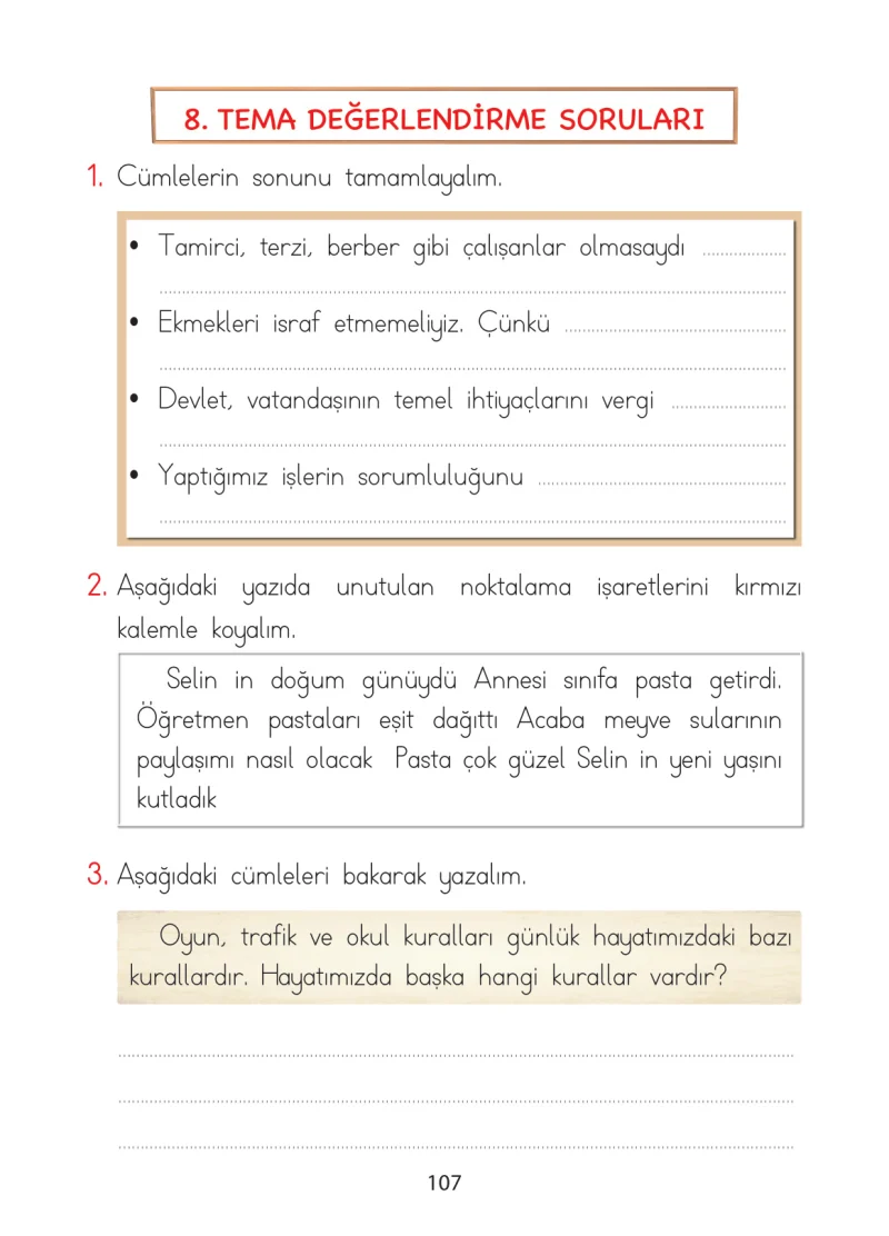 1. Sınıf Türkçe Ders Kitabı Cevapları Ada Matbaacılık Yayıncılık Sayfa 107