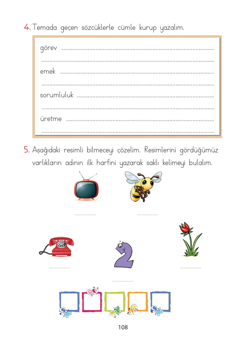 1. Sınıf Türkçe Ders Kitabı Cevapları Ada Matbaacılık Yayıncılık Sayfa 108