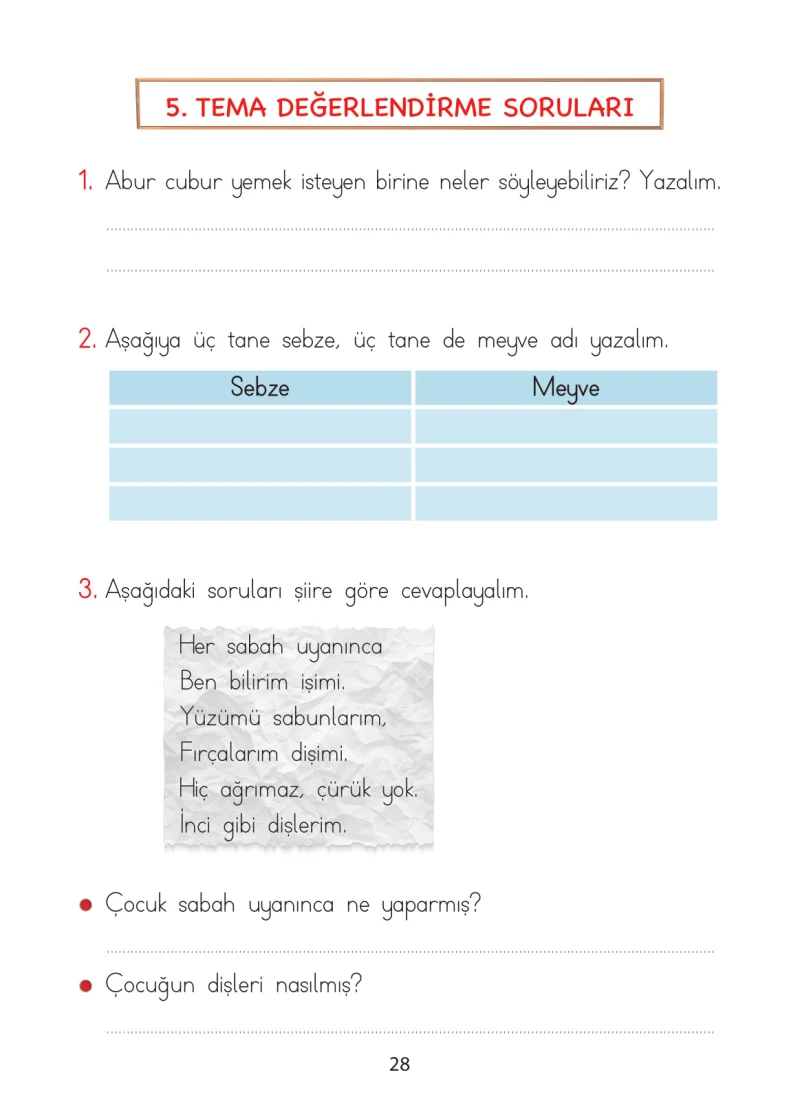1. Sınıf Türkçe Ders Kitabı Cevapları Ada Matbaacılık Yayıncılık Sayfa 28