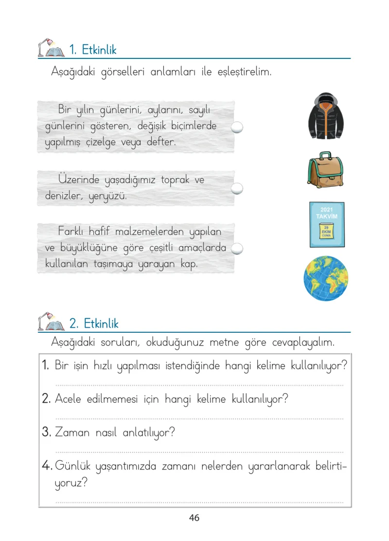 1. Sınıf Türkçe Ders Kitabı Cevapları Ada Matbaacılık Yayıncılık Sayfa 46