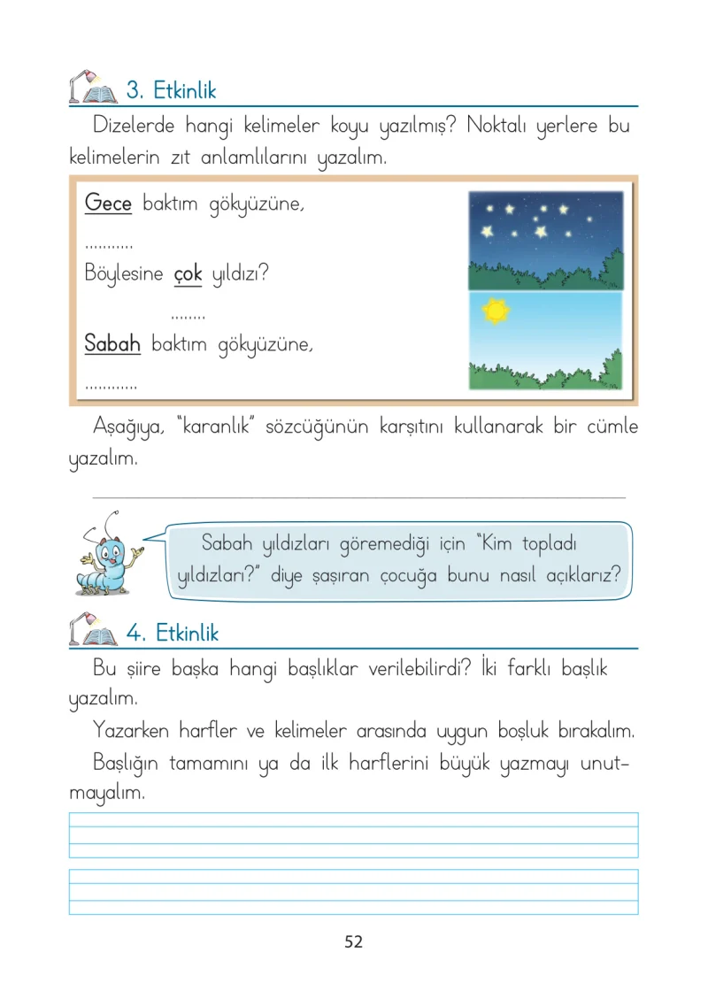 1. Sınıf Türkçe Ders Kitabı Cevapları Ada Matbaacılık Yayıncılık Sayfa 52