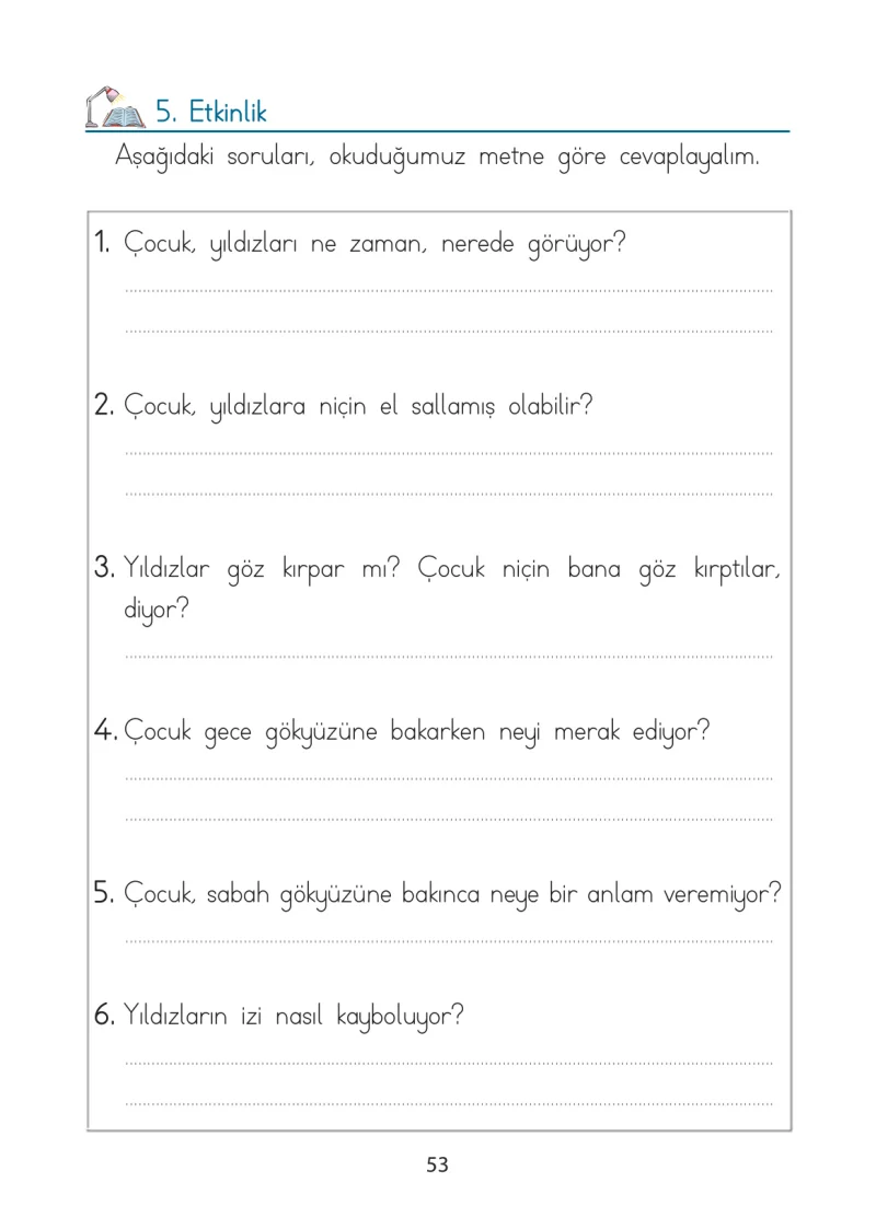 1. Sınıf Türkçe Ders Kitabı Cevapları Ada Matbaacılık Yayıncılık Sayfa 53