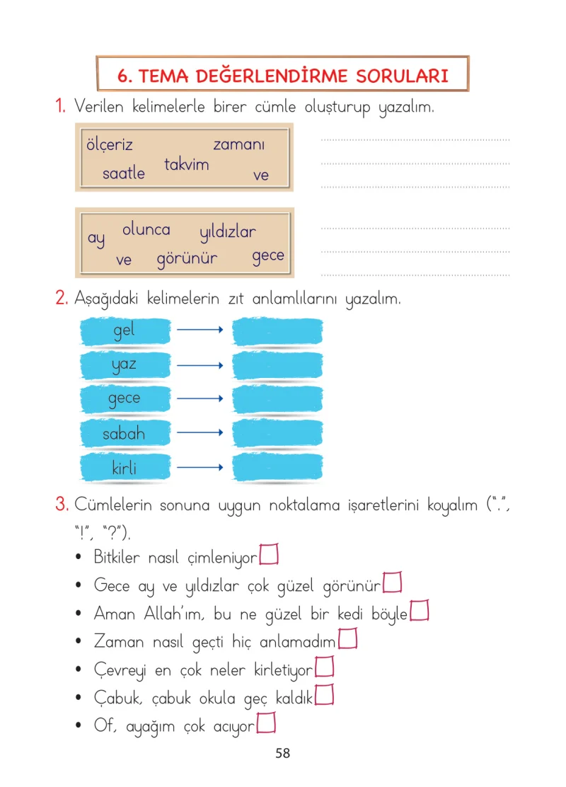 1. Sınıf Türkçe Ders Kitabı Cevapları Ada Matbaacılık Yayıncılık Sayfa 58