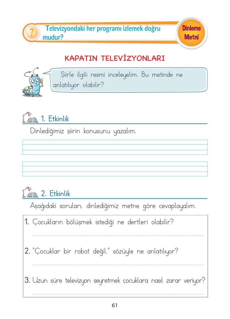 1. Sınıf Türkçe Ders Kitabı Cevapları Ada Matbaacılık Yayıncılık Sayfa 61