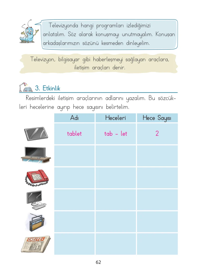 1. Sınıf Türkçe Ders Kitabı Cevapları Ada Matbaacılık Yayıncılık Sayfa 62