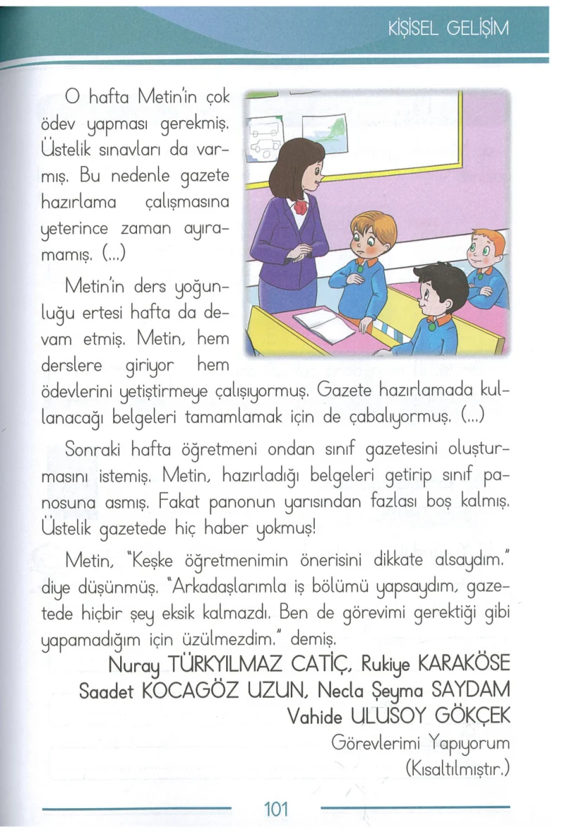 1. Sınıf Türkçe Ders Kitabı Cevapları Bilim ve Kültür Yayınları Sayfa 101