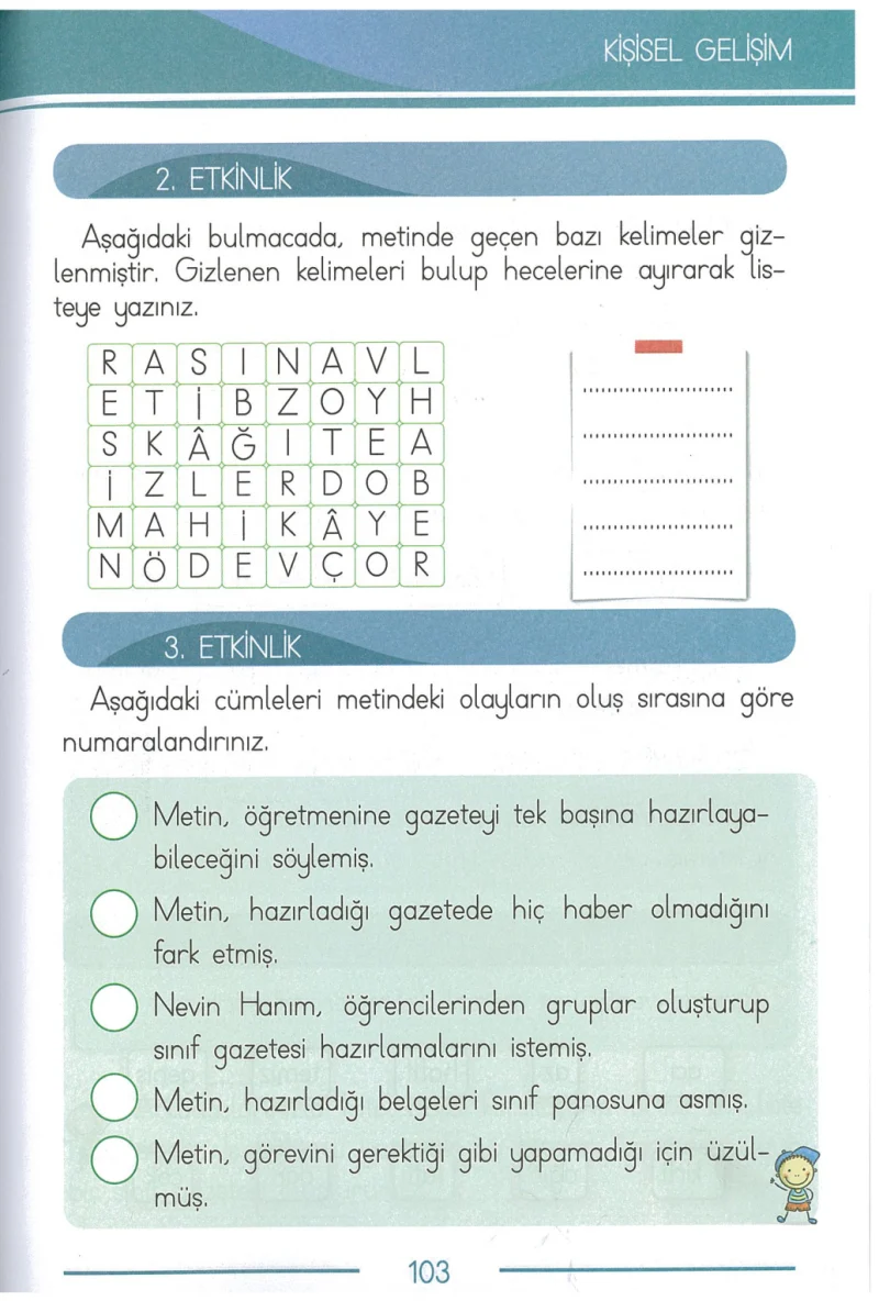 1. Sınıf Türkçe Ders Kitabı Cevapları Bilim ve Kültür Yayınları Sayfa 103