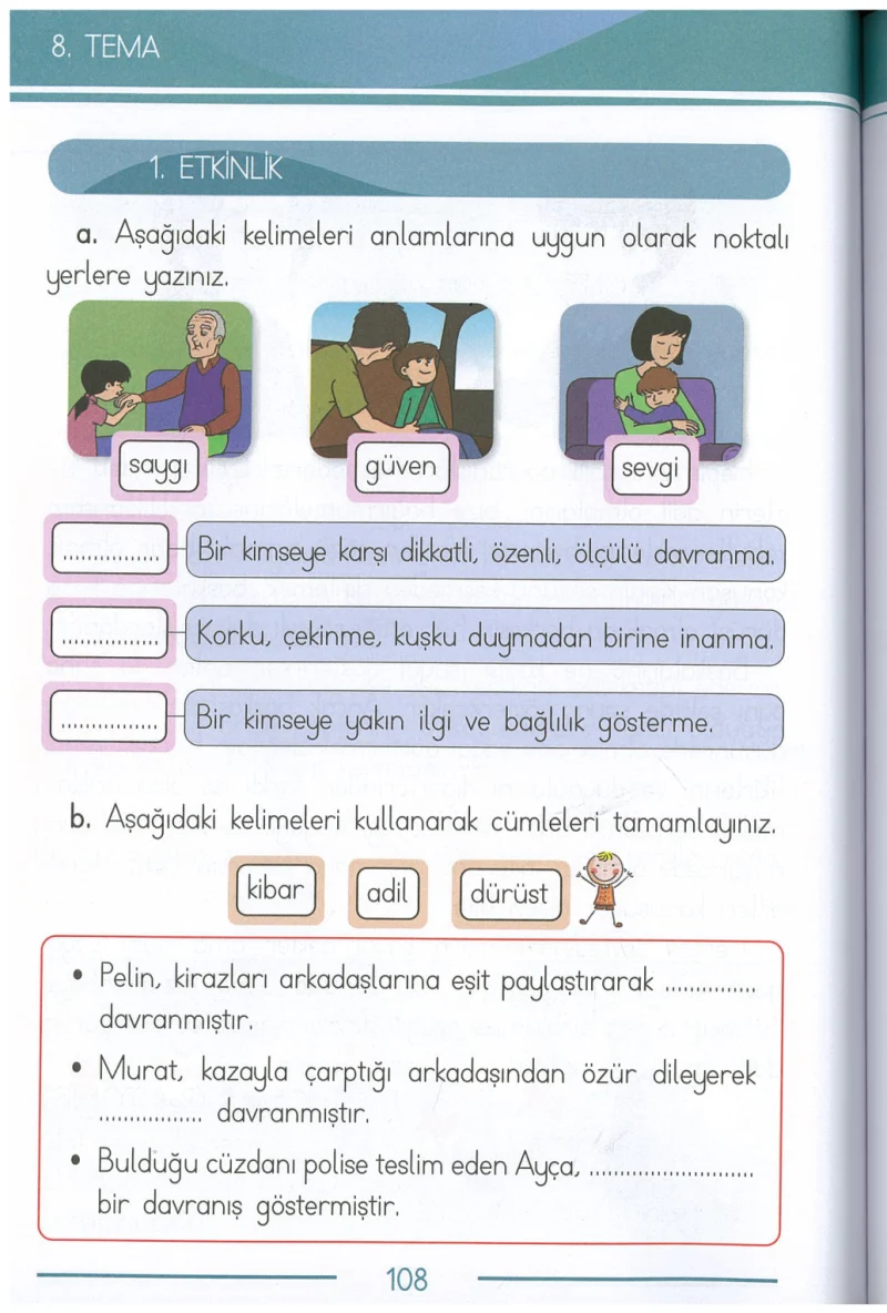 1. Sınıf Türkçe Ders Kitabı Cevapları Bilim ve Kültür Yayınları Sayfa 108