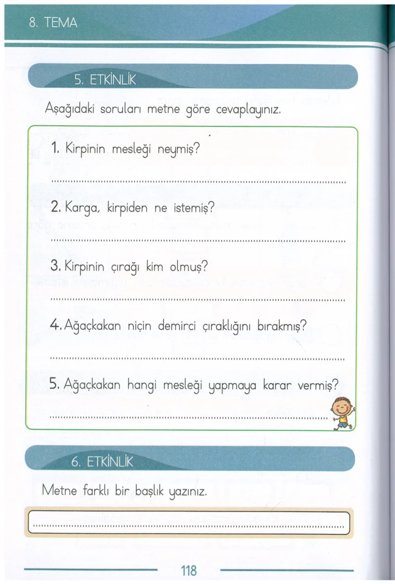 1. Sınıf Türkçe Ders Kitabı Cevapları Bilim ve Kültür Yayınları Sayfa 118