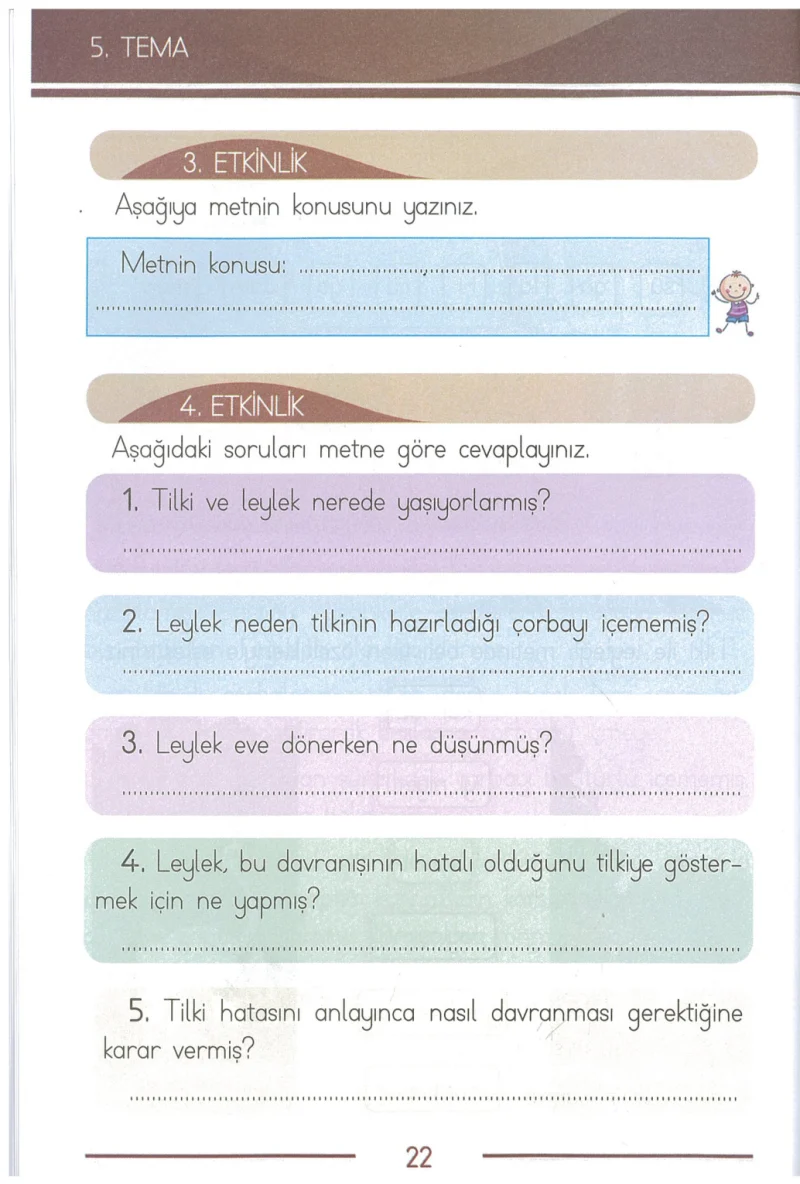 1. Sınıf Türkçe Ders Kitabı Cevapları Bilim ve Kültür Yayınları Sayfa 22