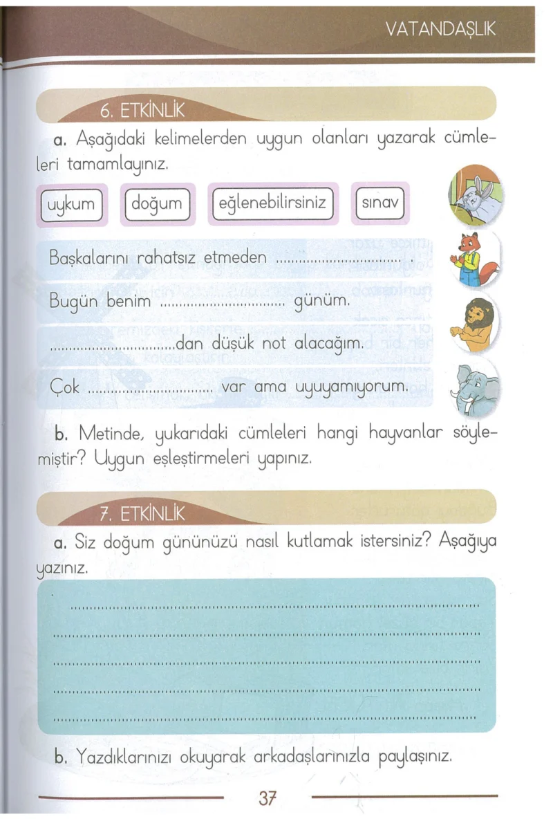 1. Sınıf Türkçe Ders Kitabı Cevapları Bilim ve Kültür Yayınları Sayfa 37