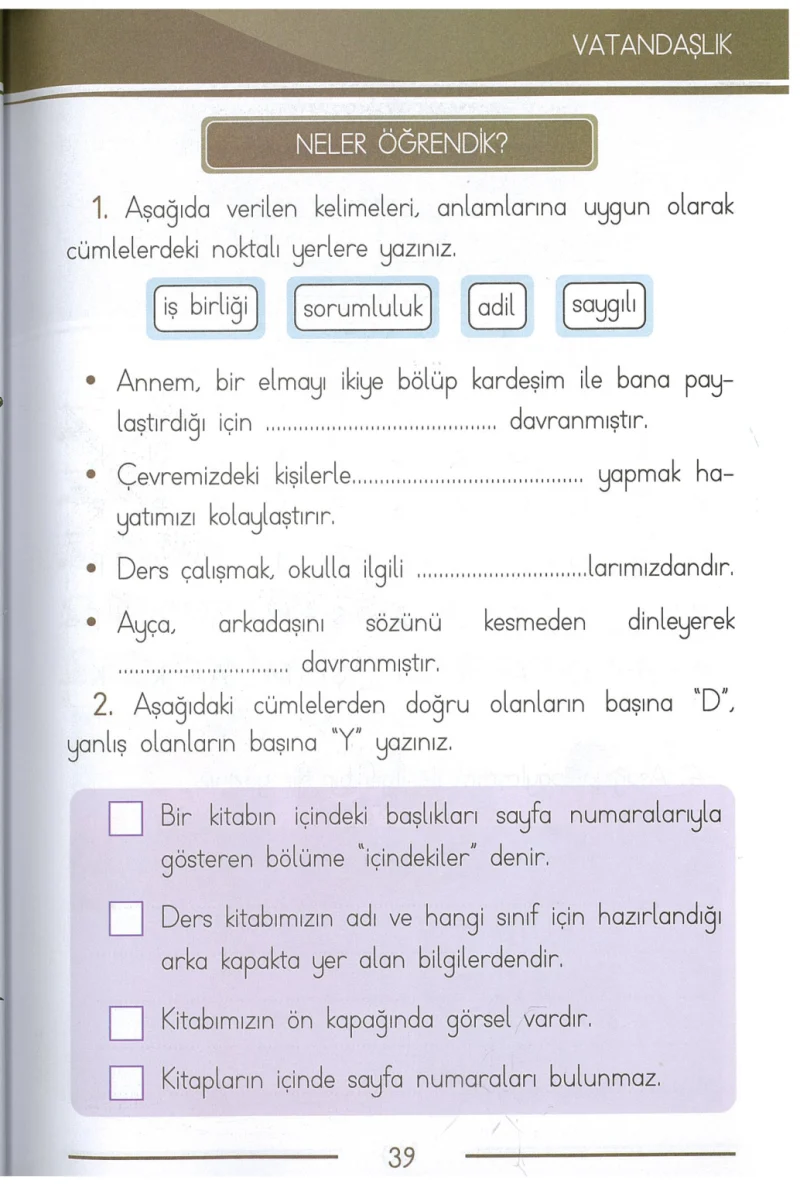 1. Sınıf Türkçe Ders Kitabı Cevapları Bilim ve Kültür Yayınları Sayfa 39