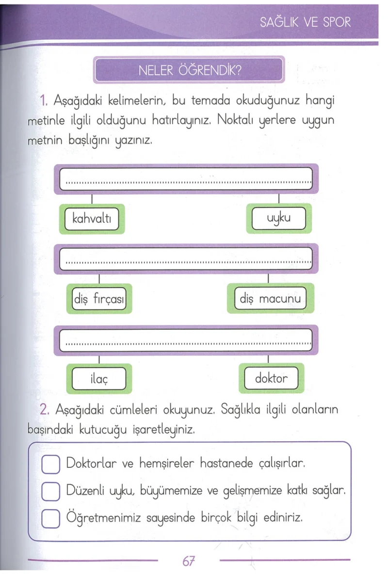 1. Sınıf Türkçe Ders Kitabı Cevapları Bilim ve Kültür Yayınları Sayfa 67