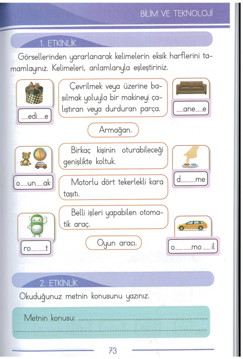 1. Sınıf Türkçe Ders Kitabı Cevapları Bilim ve Kültür Yayınları Sayfa 73