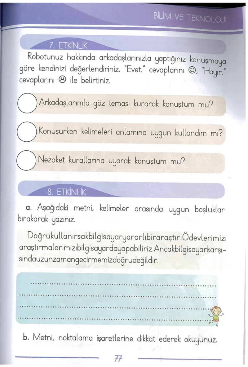 1. Sınıf Türkçe Ders Kitabı Cevapları Bilim ve Kültür Yayınları Sayfa 77