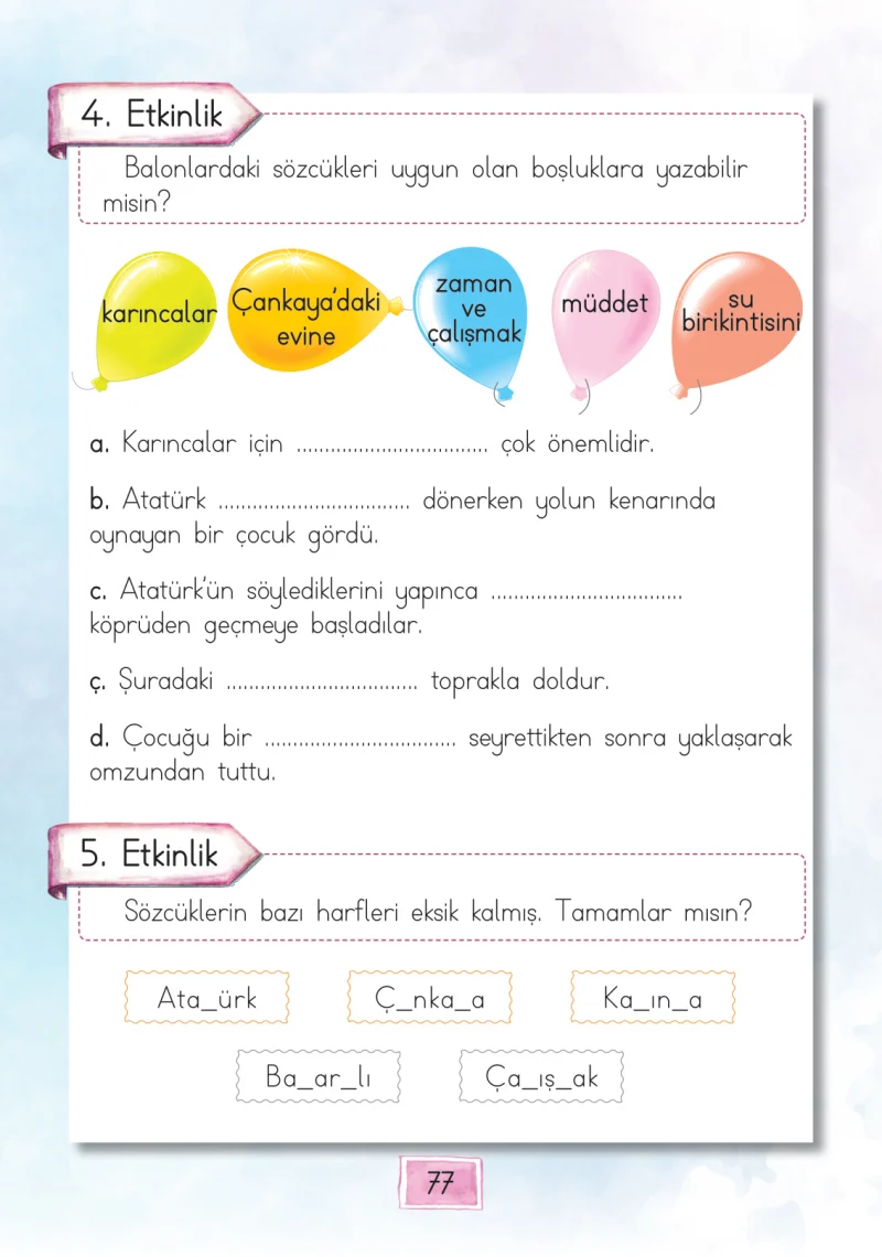 1. Sınıf Türkçe Ders Kitabı Cevapları Cem Yayınları Sayfa 77