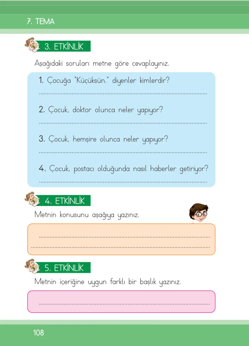 1. Sınıf Türkçe Ders Kitabı Cevapları İlke Yayınları Sayfa 108